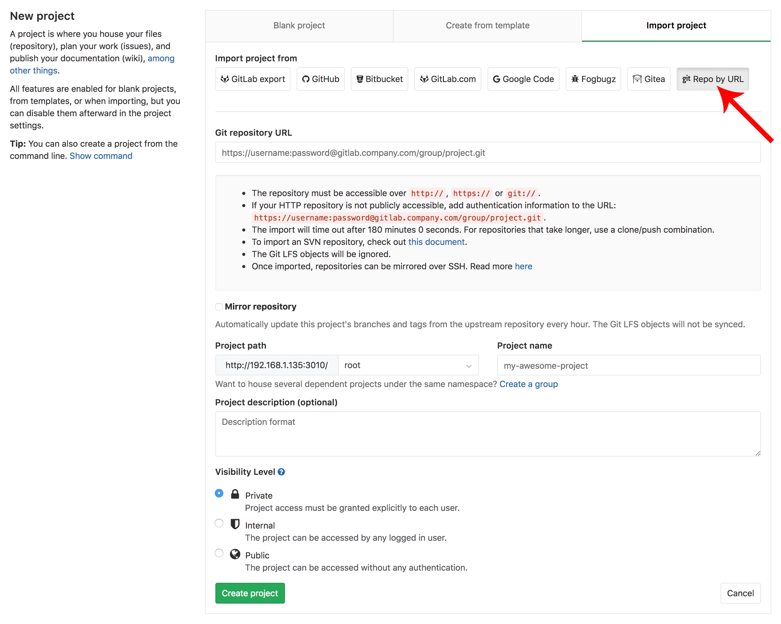 Import project by repo URL